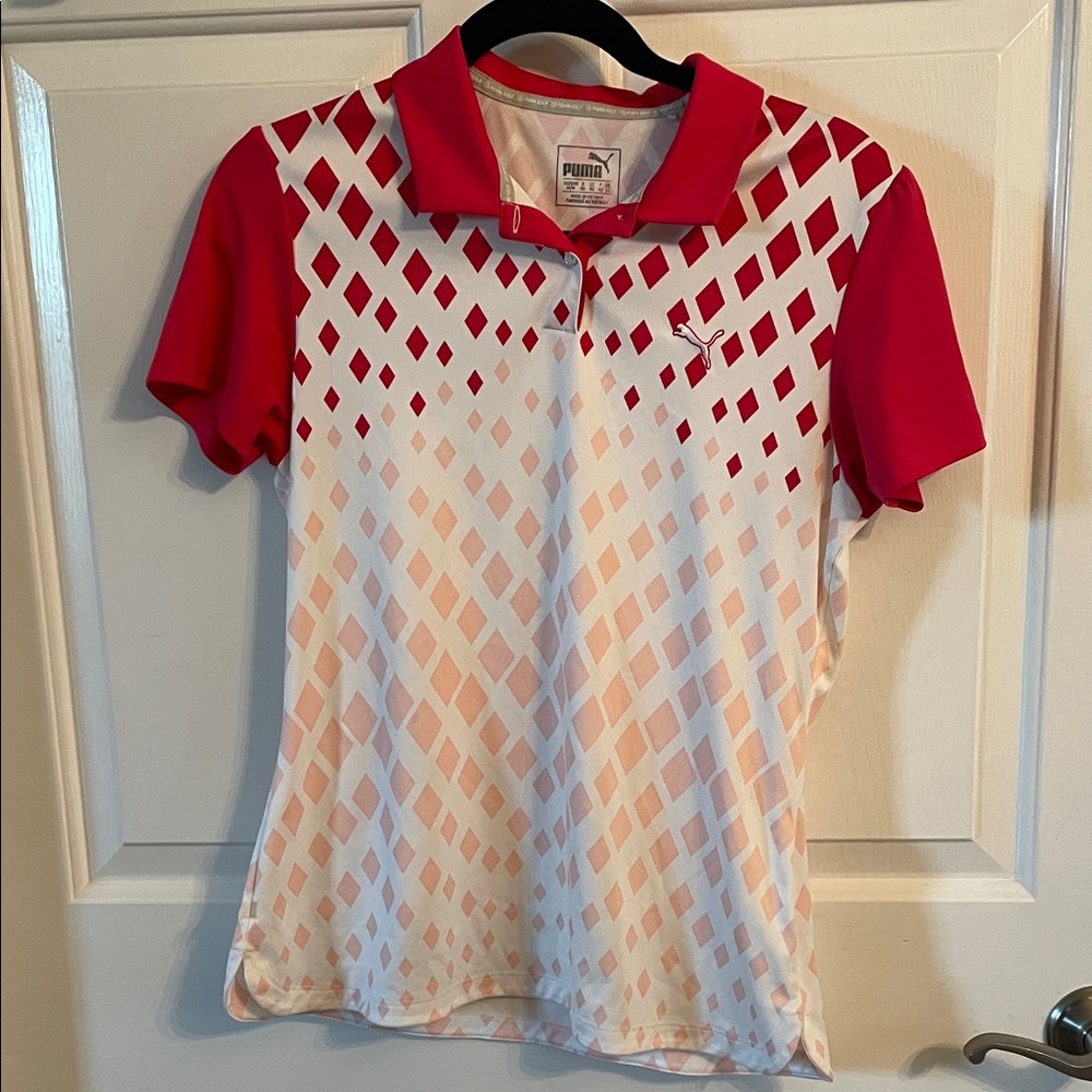 Puma Women's Pink and White Diamond Button Polo Golf Shirt